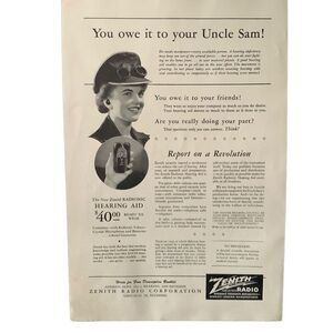 Vintage 1943 Zenith Radio Owe It To Your Uncle Sam Ad Advertisement
